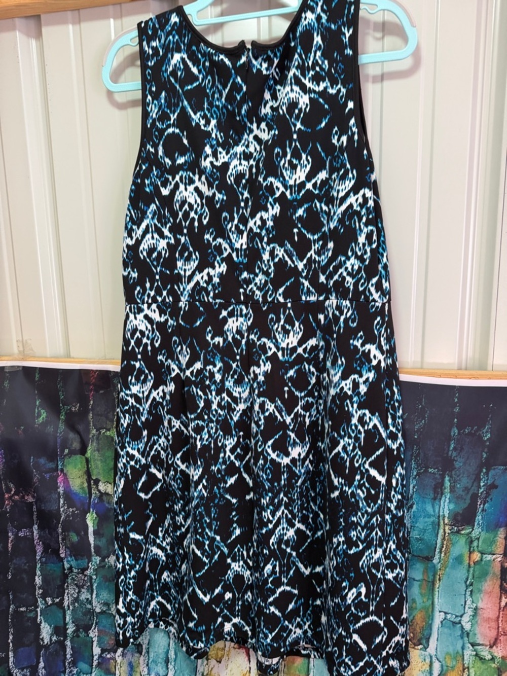 Sleeveless Black Dress with Teal & White Abstract Print ILE New York Size 12 - Picture 4 of 6